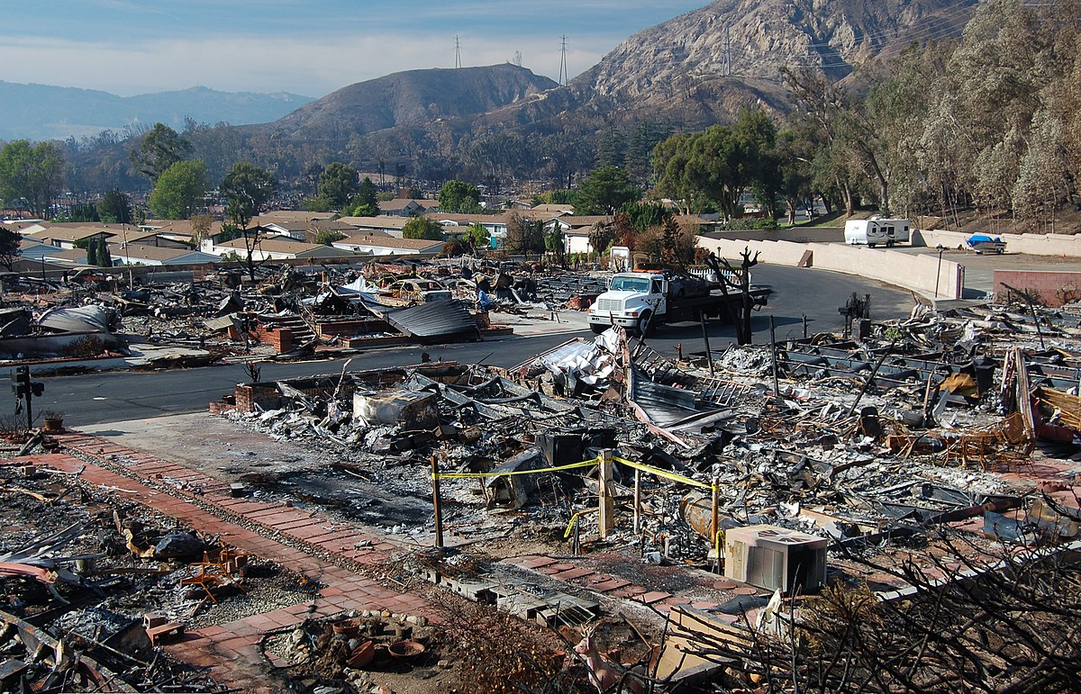Site of a Californian wildfire which burned and destroyed several mobile homes.
