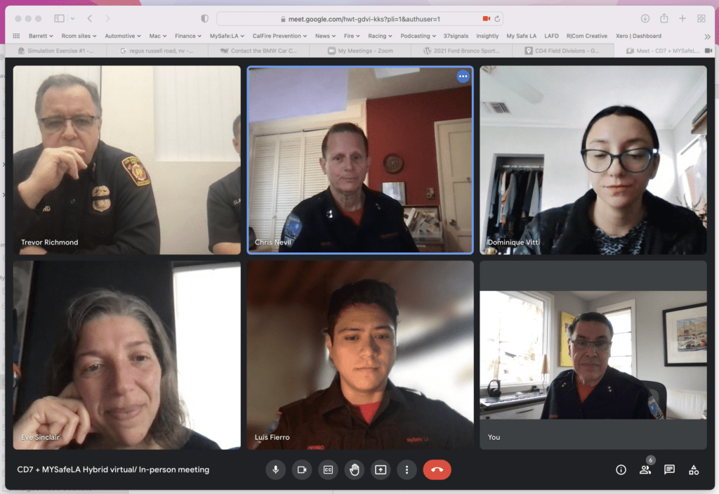 A screen shot of a video conference with six members of the Safe Community Project : Trevor Richmond, Chris Nevil, Dominique Vitti, Eve Sinclair, Luis Fierro, and David Barrett.