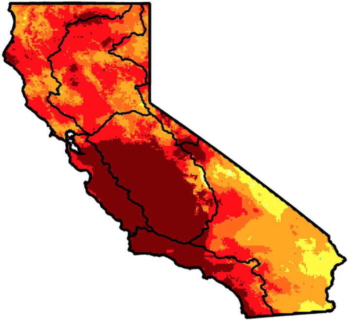 A map of California state indicating dry and drought regions.